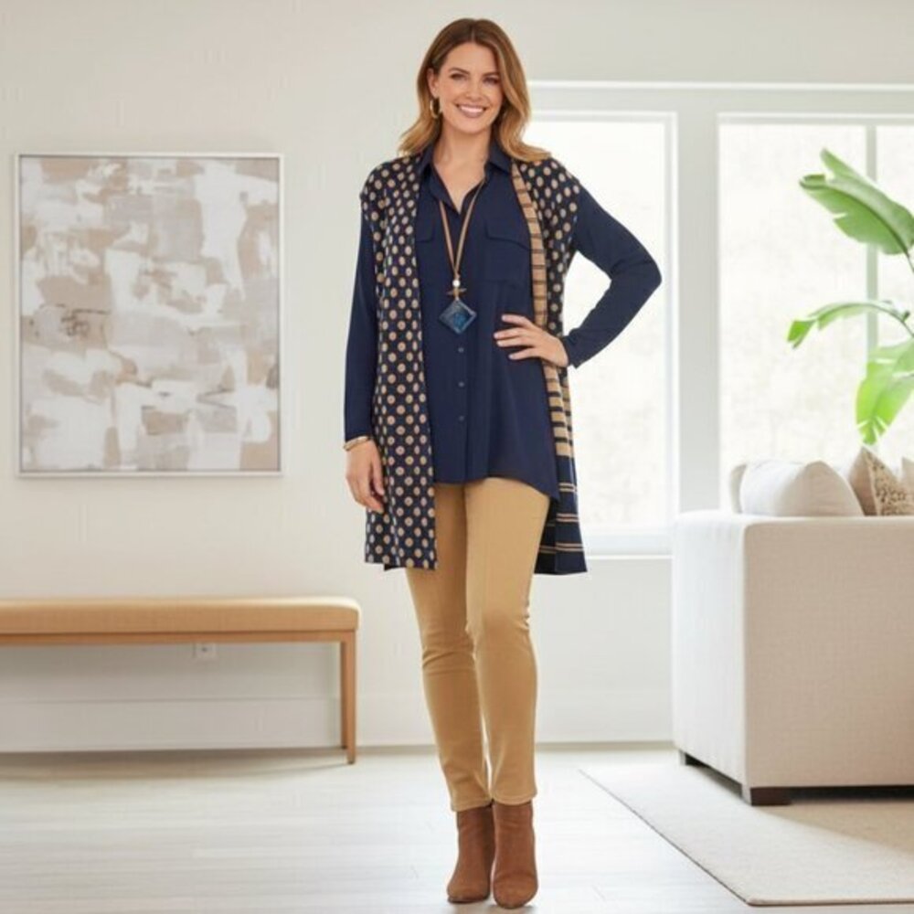 Chico's Reversible Polka Dot & Stripe Vest + Navy Collared Shirt Set L/XL